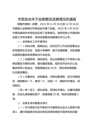 市贸促会关于巡察整改进展情况的通报