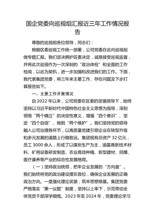 国企公司党委向巡察组汇报近三年工作情况报告（三年总结）
