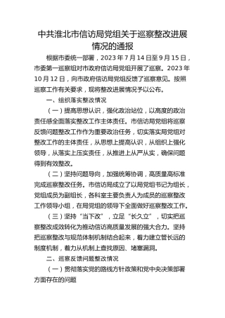 市信访局党组关于巡察整改进展情况的通报