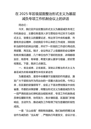 区级层面整治形式主义为基层减负专项工作机制会议上的讲话