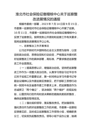 淮北市社会保险征缴稽核中心关于巡察整改进展情况的通报