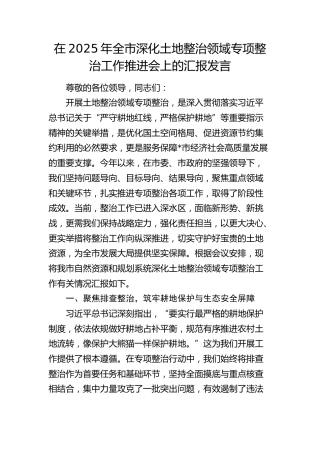 全市深化土地整治领域专项整治工作推进会上的汇报发言