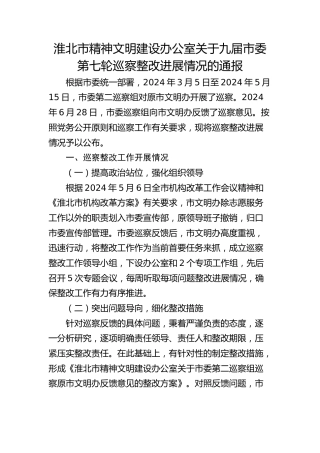 淮北市精神文明建设办公室关于九届市委第七轮巡察整改进展情况的通报