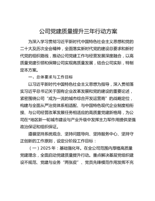 公司党建质量提升三年行动方案