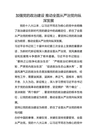 加强党的政治建设 推动全面从严治党向纵深发展