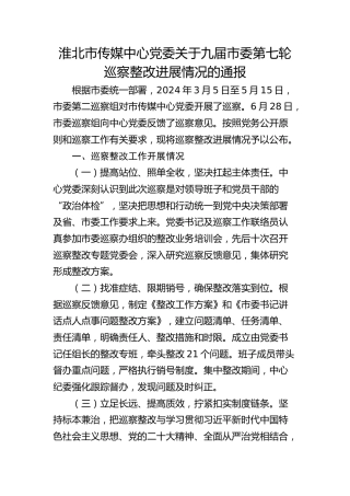 淮北市传媒中心党委关于九届市委第七轮巡察整改进展情况的通报