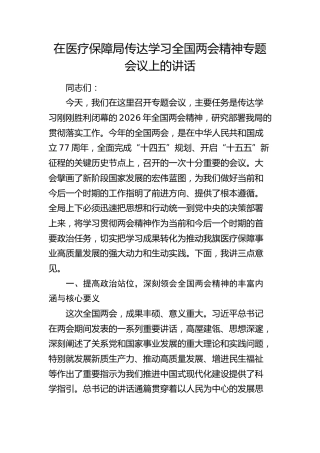 在医疗保障局传达学习全国两会精神专题会议上的讲话(1)