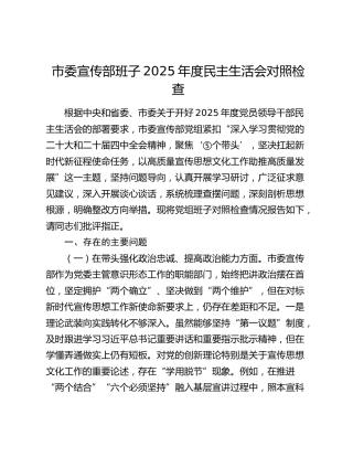 市委宣传部领导班子2025年度民主生活会对照检查(1)