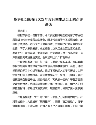 指导组组长在2025年度民主生活会上的点评讲话(1)
