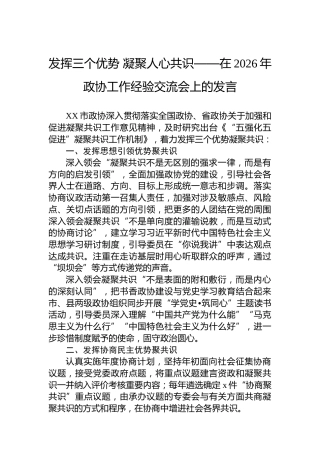 发挥三个优势凝聚人心共识——在2026年政协工作经验交流会上的发言