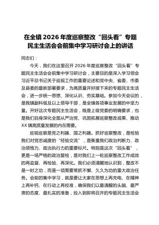 在全镇2026年度巡察整改“回头看”专题民主生活会会前集中学习研讨会上的讲话