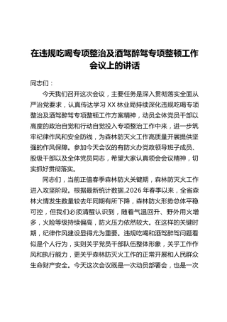 在违规吃喝专项整治及酒驾醉驾专项整顿工作会议上的讲话