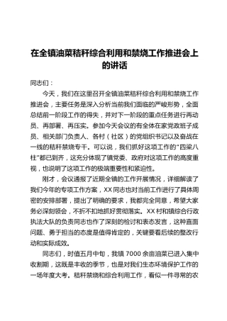 在全镇油菜秸秆综合利用和禁烧工作推进会上的讲话