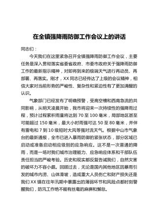 在全镇强降雨防御工作会议上的讲话