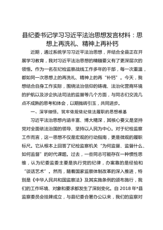 县纪委书记学习总书记法治思想发言材料：思想上再洗礼、精神上再补钙