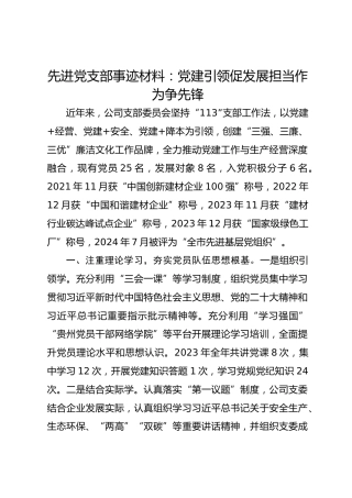 先进党支部事迹材料：党建引领促发展担当作为争先锋
