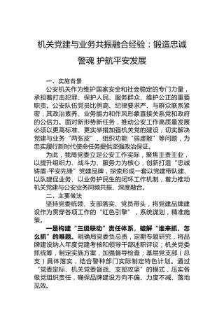 机关党建与业务共振融合经验：锻造忠诚警魂护航平安发展