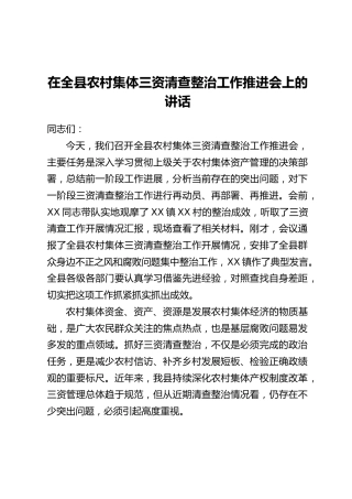 在全县农村集体三资清查整治工作推进会上的讲话