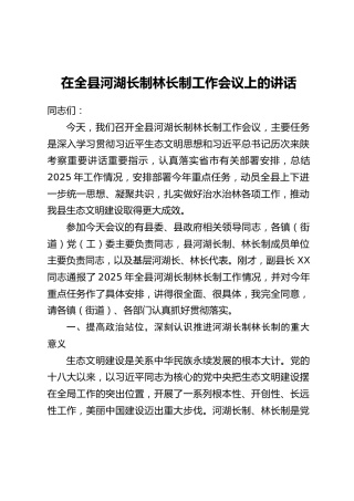 在全县河湖长制林长制工作会议上的讲话
