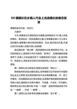 XX镇镇长在乡镇人代会上当选镇长的表态发言