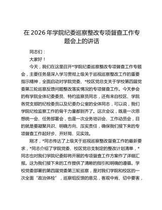 学院纪委巡察整改专项督查工作专题会上的讲话