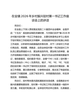 乡镇2026年乡村振兴驻村第一书记工作座谈会上的讲话