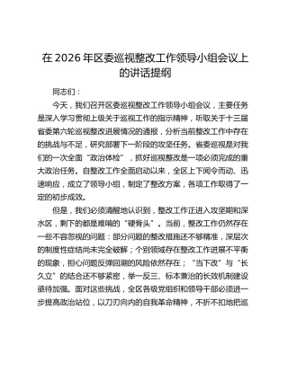 区委巡视整改工作领导小组会议上的讲话提纲