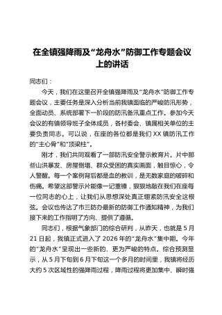 在全镇强降雨及“龙舟水”防御工作专题会议上的讲话