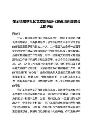在全镇农垦社区党支部规范化建设培训部署会上的讲话