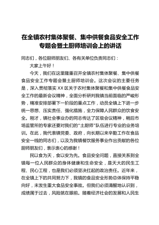 在全镇农村集体聚餐、集中供餐食品安全工作专题会暨土厨师培训会上的讲话