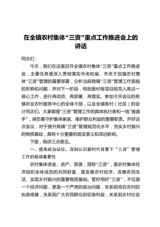 在全镇农村集体“三资”重点工作推进会上的讲话