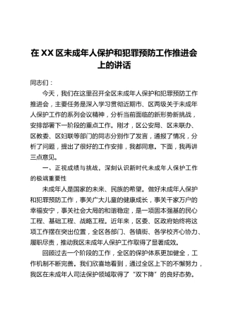 在XX区未成年人保护和犯罪预防工作推进会上的讲话
