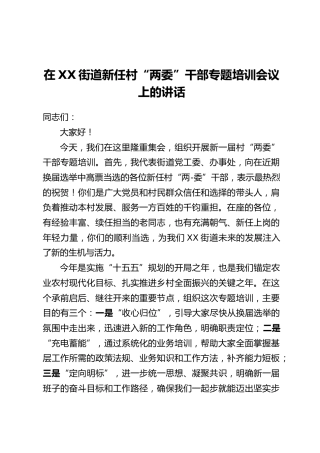 在XX街道新任村“两委”干部专题培训会议上的讲话