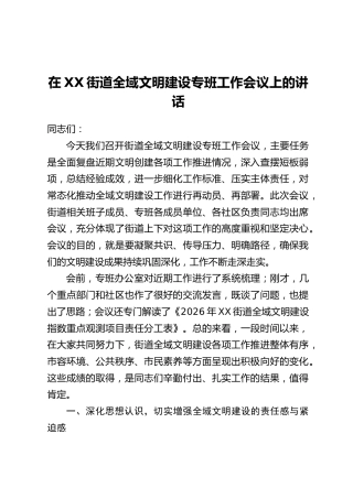 在XX街道全域文明建设专班工作会议上的讲话