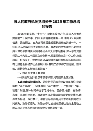 县人民政府机关党组关于2025年工作总结的报告
