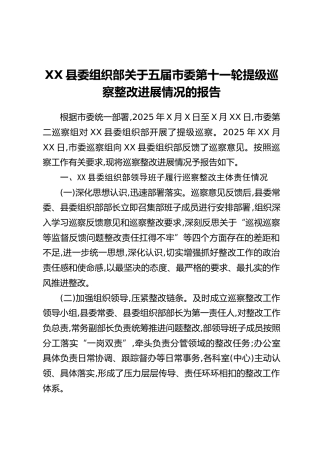 XX县委组织部关于五届市委第十一轮提级巡察整改进展情况的报告