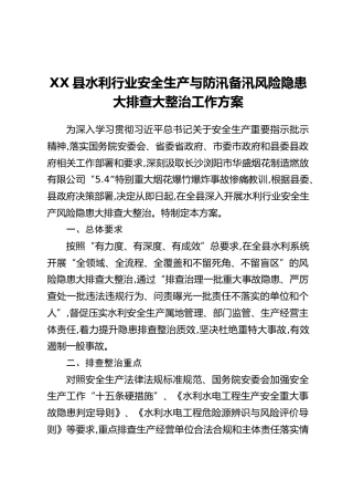 XX县水利行业安全生产与防汛备汛风险隐患大排查大整治工作方案