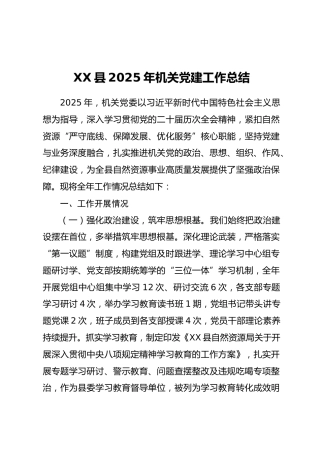 XX县2025年机关党建工作总结