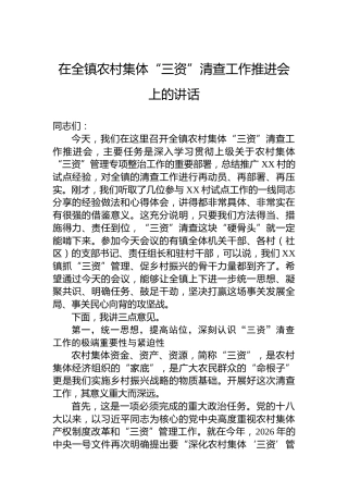 在全镇农村集体“三资”清查工作推进会上的讲话