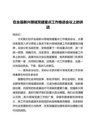 在全县新兴领域党建重点工作推进会议上的讲话