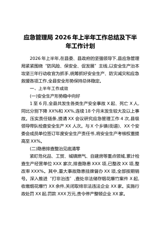 应急管理局2026年上半年工作总结及下半年工作计划