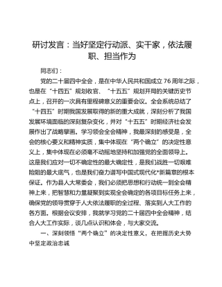 研讨发言：当好坚定行动派、实干家，依法履职、担当作为