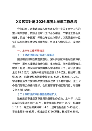 XX区审计局2026年度上半年工作总结
