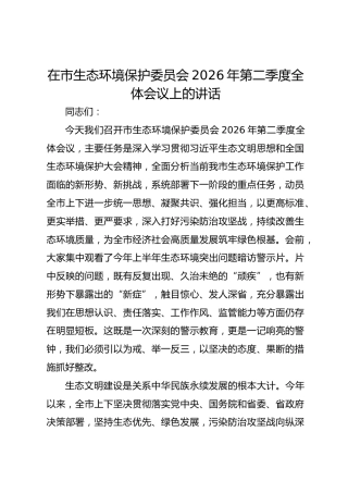 在市生态环境保护委员会2026年第二季度全体会议上的讲话