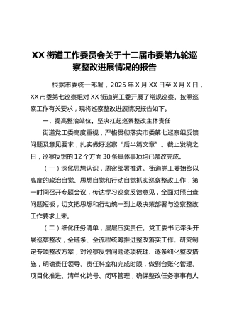 XX街道工作委员会关于十二届市委第九轮巡察整改进展情况的报告