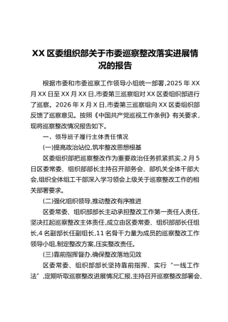 XX区委组织部关于市委巡察整改落实进展情况的报告