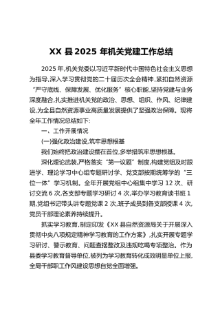 XX县2025年机关党建工作总结