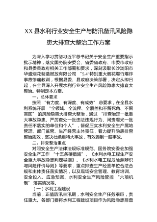XX县水利行业安全生产与防汛备汛风险隐患大排查大整治工作方案