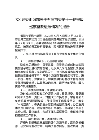 XX县委组织部关于五届市委第十一轮提级巡察整改进展情况的报告