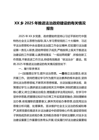 XX乡2025年推进法治政府建设的有关情况报告